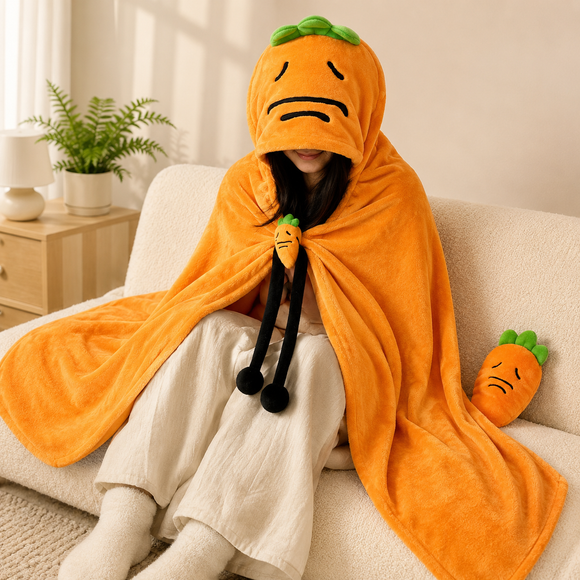 Carrot Hooded Blanket with Sakura Pink Memory Foam Lumbar Support Pillow, Cozy Wearable Throw Blanket and Ergonomic Back Cushion Set for Office, Home, Study and Relaxation