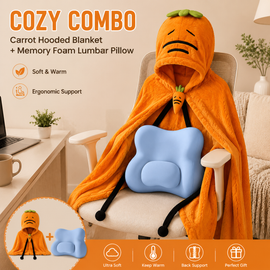 Carrot Hooded Blanket with Blue Memory Foam Lumbar Support Pillow, Cozy Wearable Throw Blanket and Ergonomic Back Cushion Set for Office, Home, Study and Relaxation