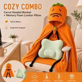Carrot Hooded Blanket with Grey-green Memory Foam Lumbar Support Pillow, Cozy Wearable Throw Blanket and Ergonomic Back Cushion Set for Office, Home, Study and Relaxation