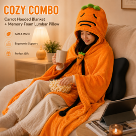 Carrot Hooded Blanket with Black Memory Foam Lumbar Support Pillow, Cozy Wearable Throw Blanket and Ergonomic Back Cushion Set for Office, Home, Study and Relaxation - 0