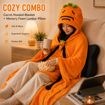 Carrot Hooded Blanket with Black Memory Foam Lumbar Support Pillow, Cozy Wearable Throw Blanket and Ergonomic Back Cushion Set for Office, Home, Study and Relaxation - 0
