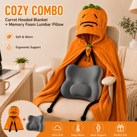 Carrot Hooded Blanket with Grey Memory Foam Lumbar Support Pillow, Cozy Wearable Throw Blanket and Ergonomic Back Cushion Set for Office, Home, Study and Relaxation