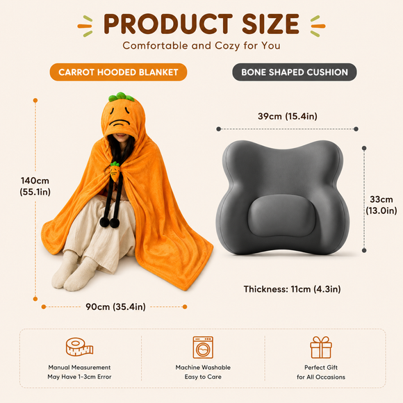 Carrot Hooded Blanket with Grey Memory Foam Lumbar Support Pillow, Cozy Wearable Throw Blanket and Ergonomic Back Cushion Set for Office, Home, Study and Relaxation