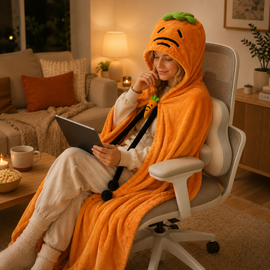 Carrot Hooded Blanket with Beige-grey Memory Foam Lumbar Support Pillow, Cozy Wearable Throw Blanket and Ergonomic Back Cushion Set for Office, Home, Study and Relaxation - 0