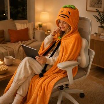 Carrot Hooded Blanket with Beige-grey Memory Foam Lumbar Support Pillow, Cozy Wearable Throw Blanket and Ergonomic Back Cushion Set for Office, Home, Study and Relaxation - 0