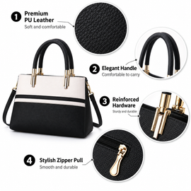 Large Capacity Color Block PU Leather Handbag, Square Shoulder Crossbody Bag with Bottom Rivets & Multi‑Pocket Storage for Daily Casual Use, khaki and White 29 x 21 x 14CM - 0