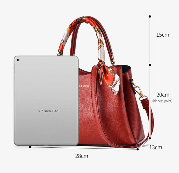 Red Large Capacity Lychee PU Leather Tote Handbag - Elegant Women's Satchel Crossbody Bag with Red Silk Scarf & Mental Leaf Pendant Decor