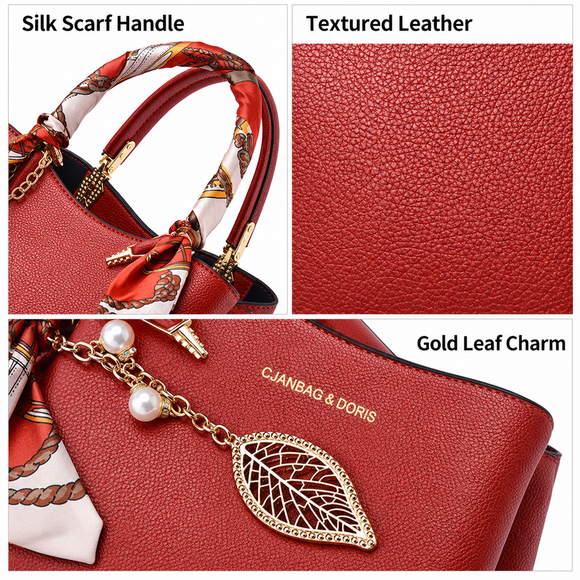 Black Large Capacity Lychee PU Leather Tote Handbag - Elegant Women's Satchel Crossbody Bag with Green Silk Scarf & Mental Leaf Pendant Decor