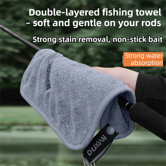 2 Pack Microfibre Fishing Towel with Overlapping Pocket & Carabiner Clip - 24 x 24cm Thickened Absorbent Fish Handling Cloth for Lure Fishing and Outdoor Angling