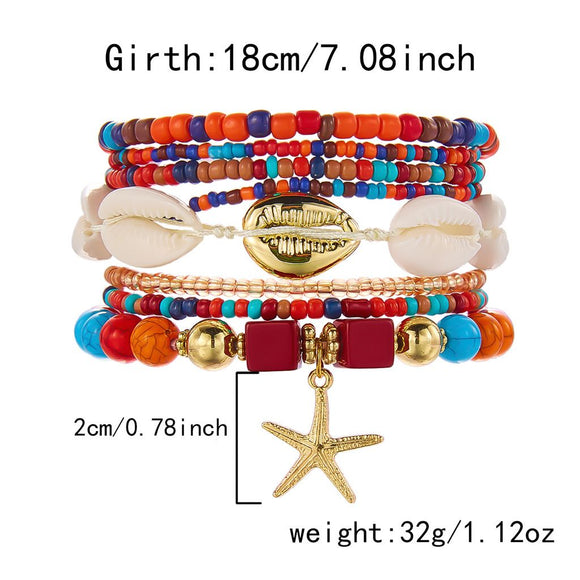 White Bohemian Layered Beach Bracelet Set (Boxed) - 8 PCS Women's Stackable Clay Beaded Bracelets with Cowrie Shells & Starfish Charm, Eco-Friendly Coastal Summer Holiday Jewellery