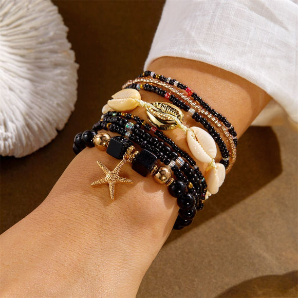 Black Bohemian Layered Beach Bracelet Set (Boxed) - 8 PCS Women's Stackable Clay Beaded Bracelets with Cowrie Shells & Starfish Charm, Eco-Friendly Coastal Summer Holiday Jewellery