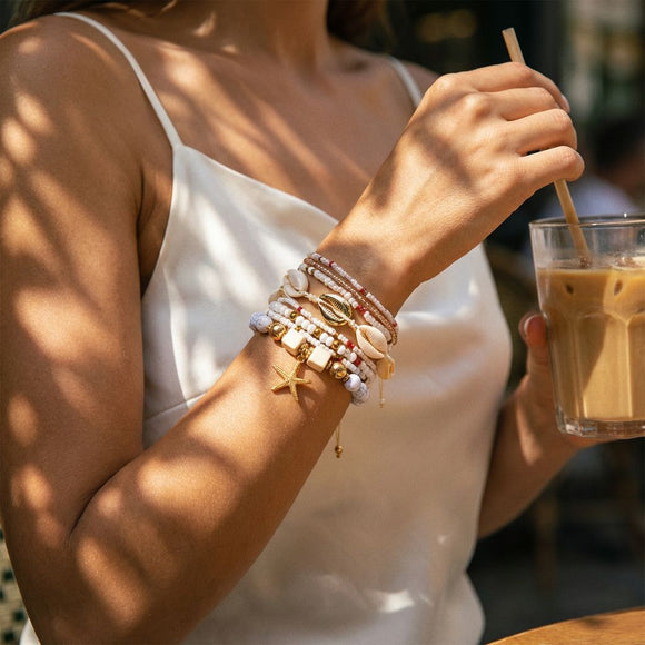 Black Bohemian Layered Beach Bracelet Set (Boxed) - 8 PCS Women's Stackable Clay Beaded Bracelets with Cowrie Shells & Starfish Charm, Eco-Friendly Coastal Summer Holiday Jewellery