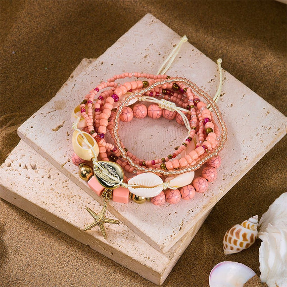 Pink Bohemian Layered Beach Bracelet Set (Boxed) - 8 PCS Women's Stackable Clay Beaded Bracelets with Cowrie Shells & Starfish Charm, Eco-Friendly Coastal Summer Holiday Jewellery