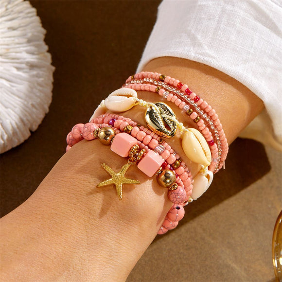 Pink Bohemian Layered Beach Bracelet Set (Boxed) - 8 PCS Women's Stackable Clay Beaded Bracelets with Cowrie Shells & Starfish Charm, Eco-Friendly Coastal Summer Holiday Jewellery