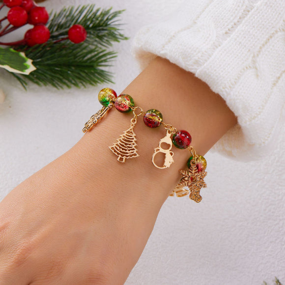 #2 Christmas Charm Colourful Beaded Bracelet for Women (Boxed) - Zinc Alloy Holiday Jewellery Gift with Christmas Tree, Santa Claus, Snowflake and Snowman Pendants