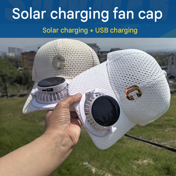 Black Solar Powered Fan Hat - Breathable Mesh Cap with USB Rechargeable Cooling Fan, LED Display, Adjustable Brim for Outdoor Fishing Camping Hiking Summer Heat Relief