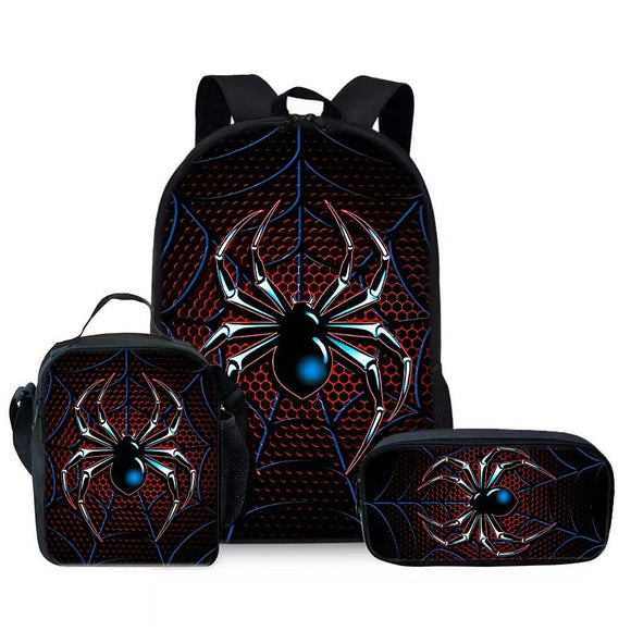 Style 2 3 Piece Spider Print School Bag Set - Large Capacity Polyester Backpack, Insulated Lunch Bag and Pencil Case - Lightweight Student Bookbag with Side Pocket for Boys Teens
