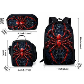 Style 7 3 Piece Spider Print School Bag Set - Large Capacity Polyester Backpack, Insulated Lunch Bag and Pencil Case - Lightweight Student Bookbag with Side Pocket for Boys Teens - 0