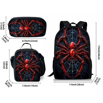 Style 12 3 Piece Spider Print School Bag Set - Large Capacity Polyester Backpack, Insulated Lunch Bag and Pencil Case - Lightweight Student Bookbag with Side Pocket for Boys Teens - 0