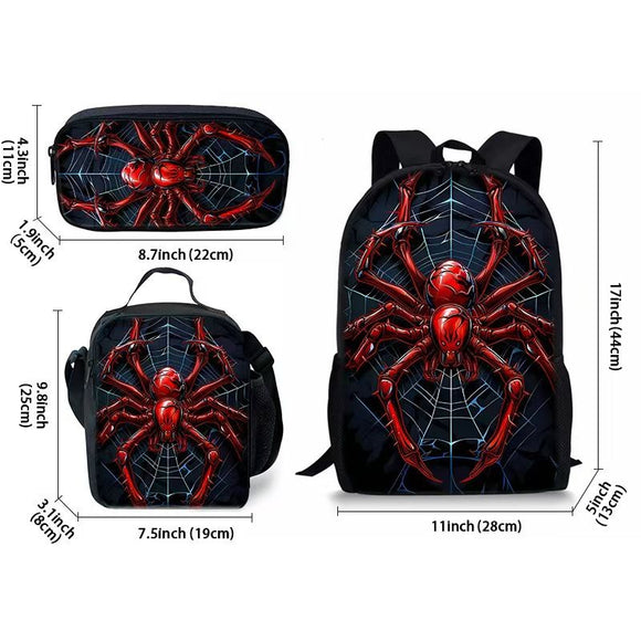 Style 12 3 Piece Spider Print School Bag Set - Large Capacity Polyester Backpack, Insulated Lunch Bag and Pencil Case - Lightweight Student Bookbag with Side Pocket for Boys Teens