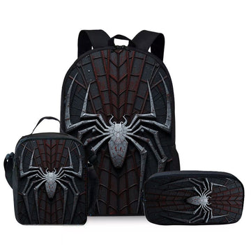 Style 19 3 Piece Spider Print School Bag Set - Large Capacity Polyester Backpack, Insulated Lunch Bag and Pencil Case - Lightweight Student Bookbag with Side Pocket for Boys Teens