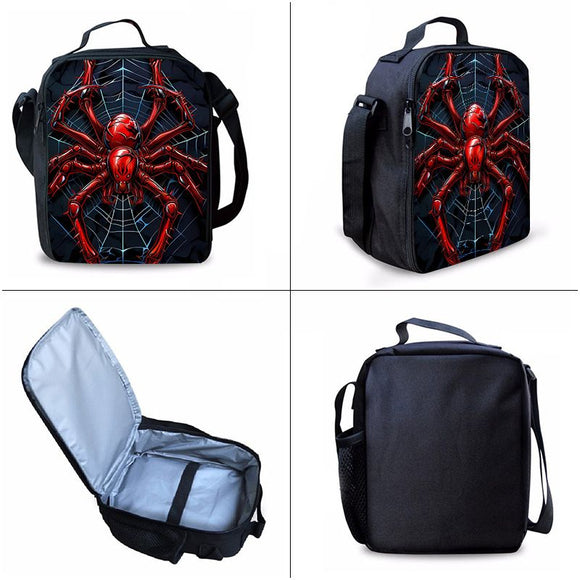 Style 19 3 Piece Spider Print School Bag Set - Large Capacity Polyester Backpack, Insulated Lunch Bag and Pencil Case - Lightweight Student Bookbag with Side Pocket for Boys Teens