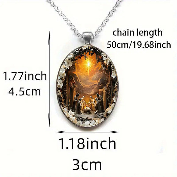 Pattern 1 Christian  Scene Pendant Necklace - Silver Oval Alloy Glass Charm 4.5x3cm on 50cm Chain - Religious Faith Gift for Women Men