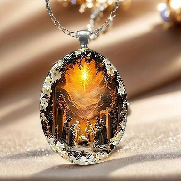 Pattern 1 Christian  Scene Pendant Necklace - Silver Oval Alloy Glass Charm 4.5x3cm on 50cm Chain - Religious Faith Gift for Women Men