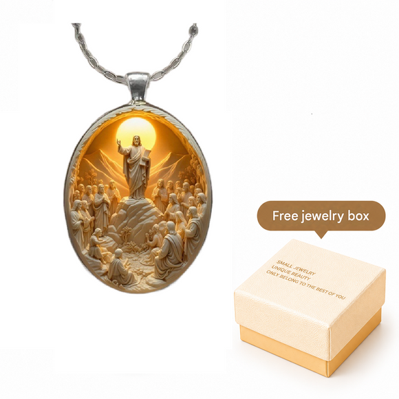Pattern 2 Christian  Scene Pendant Necklace - Silver Oval Alloy Glass Charm 4.5x3cm on 50cm Chain - Religious Faith Gift for Women Men