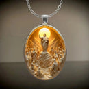 Pattern 2 Christian  Scene Pendant Necklace - Silver Oval Alloy Glass Charm 4.5x3cm on 50cm Chain - Religious Faith Gift for Women Men-3