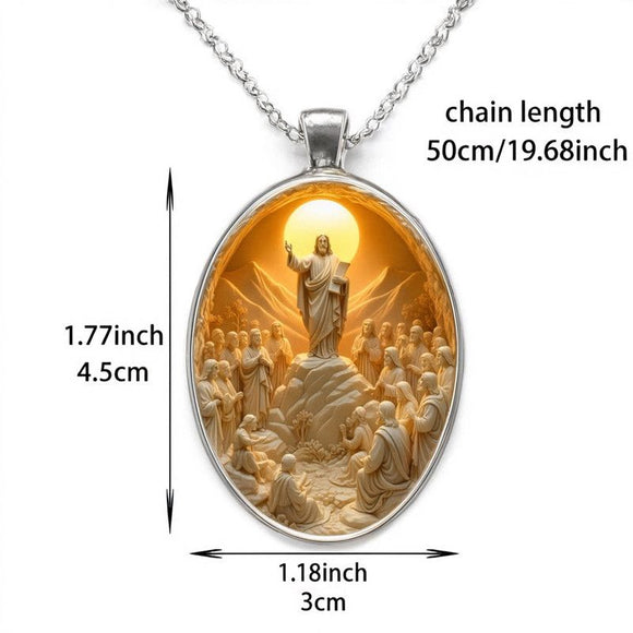 Pattern 2 Christian  Scene Pendant Necklace - Silver Oval Alloy Glass Charm 4.5x3cm on 50cm Chain - Religious Faith Gift for Women Men