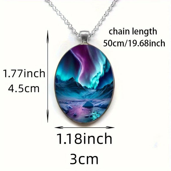 Pattern 1 Aurora Borealis Oval Pendant Necklace - Northern Lights Landscape Alloy Jewelry with 50cm Chain - Teal and Purple Art Charm for Women - Nature Inspired Gift Accessory