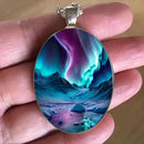 Pattern 1 Aurora Borealis Oval Pendant Necklace - Northern Lights Landscape Alloy Jewelry with 50cm Chain - Teal and Purple Art Charm for Women - Nature Inspired Gift Accessory-5