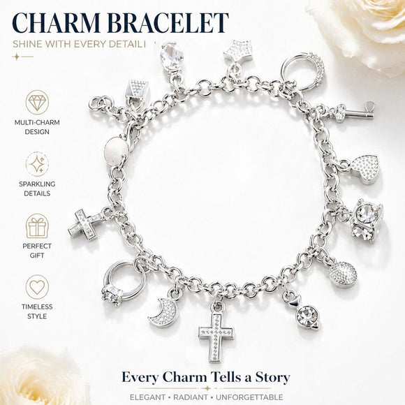 Silver Tone Multi-Charm Bracelet for Women - 13-Piece Cross Heart Moon Drop Pendant Chain Jewelry, Dainty Adjustable Fashion Gift