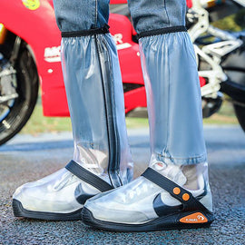 White High Top Waterproof Rain Shoe Covers - Size 2XL EU 46-47, Thick Sole Reusable Overshoes with Side Zip, Adjustable Strap and Anti-Slip Sole for Cycling and Walking - 0