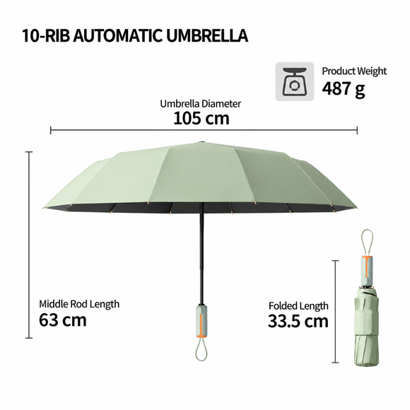 Automatic Folding Umbrella (Navy Blue)- 105 cm Large Canopy, UPF 50+ Sun and Rain Umbrella with 10-Rib Frame, Auto Open Close Handle for Travel and Daily Commute