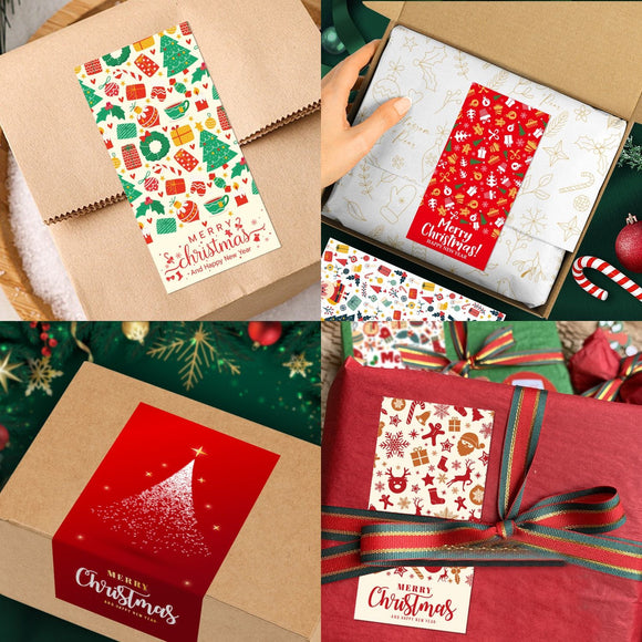 (Style 2) 50 Sheet Christmas Gift Sealing Sticker Set with 100 Stickers - 100 x 50 mm Rectangular Holiday Labels for Gift Boxes, Wrapping, Packaging and Envelopes