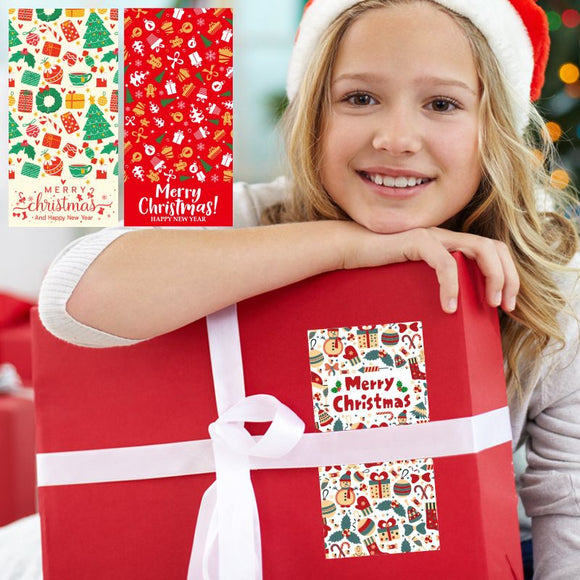 (Style 2) 50 Sheet Christmas Gift Sealing Sticker Set with 100 Stickers - 100 x 50 mm Rectangular Holiday Labels for Gift Boxes, Wrapping, Packaging and Envelopes