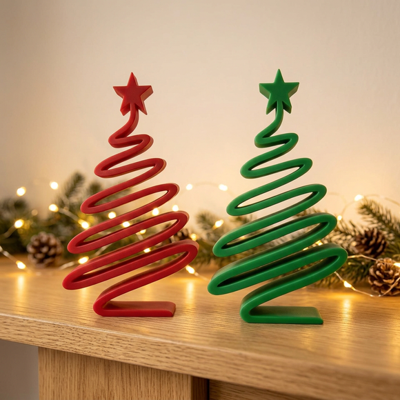 2 Piece 3D Printed Christmas Tree Decorations - Red and Green 12 cm Minimalist Spiral Tabletop Ornaments with Star Top for Home, Mantel, Desk and Holiday Decor