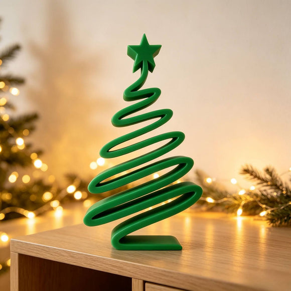 2 Piece 3D Printed Christmas Tree Decorations - Red and Green 12 cm Minimalist Spiral Tabletop Ornaments with Star Top for Home, Mantel, Desk and Holiday Decor