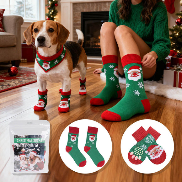 Matching Christmas Socks Set for Adult and Dog- Santa Claus Design with One Pair Adult Socks and One Set S Size Anti Slip Pet Socks for Festive Photos and Holiday Wear