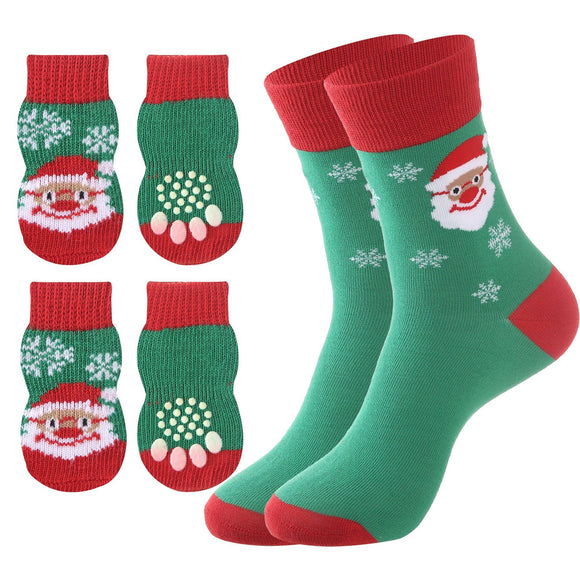 Matching Christmas Socks Set for Adult and Dog- Santa Claus Design with One Pair Adult Socks and One Set M Size Anti Slip Pet Socks for Festive Photos and Holiday Wear