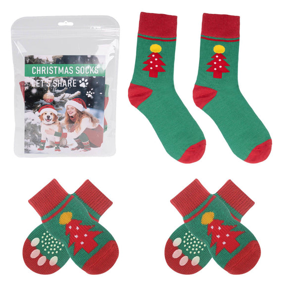 Matching Christmas Socks Set for Adult and Dog- Christmas Tree Design with One Pair Adult Socks and One Set S Size Anti Slip Pet Socks for Festive Photos and Holiday Wear
