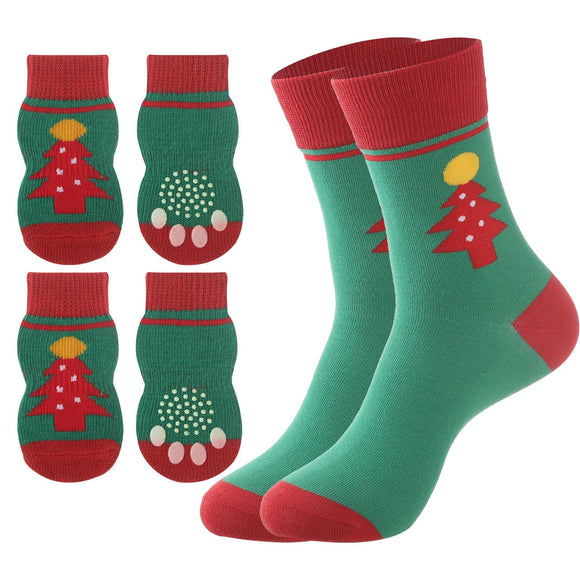 Matching Christmas Socks Set for Adult and Dog- Christmas Tree Design with One Pair Adult Socks and One Set M Size Anti Slip Pet Socks for Festive Photos and Holiday Wear