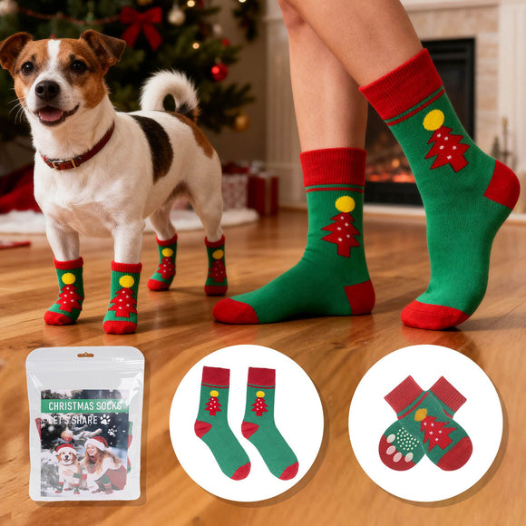 Matching Christmas Socks Set for Adult and Dog- Christmas Tree Design with One Pair Adult Socks and One Set XL Size Anti Slip Pet Socks for Festive Photos and Holiday Wear