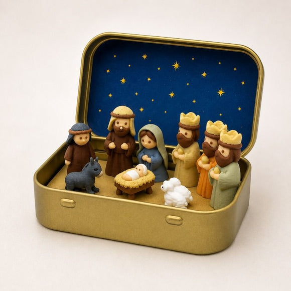 Mini Christmas Nativity Scene Ornament - Small Tabletop Holiday Decoration in Decorative Tin Case, Creative Festive Display for Desk, Shelf and Gift Giving