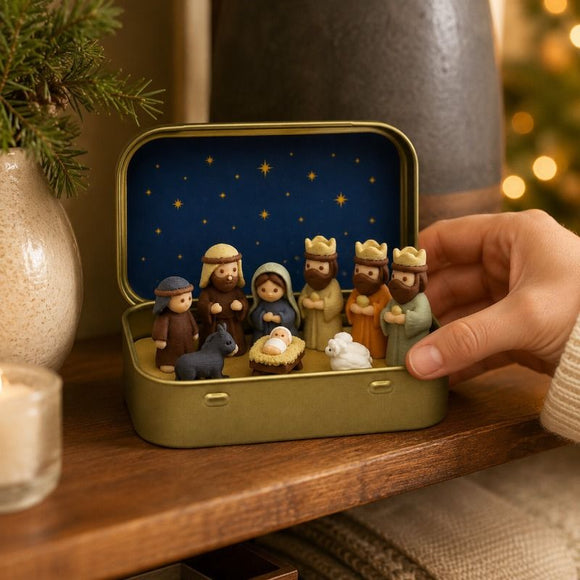 Mini Christmas Nativity Scene Ornament - Small Tabletop Holiday Decoration in Decorative Tin Case, Creative Festive Display for Desk, Shelf and Gift Giving