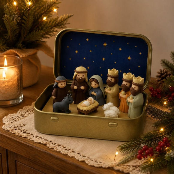 Mini Christmas Nativity Scene Ornament - Small Tabletop Holiday Decoration in Decorative Tin Case, Creative Festive Display for Desk, Shelf and Gift Giving