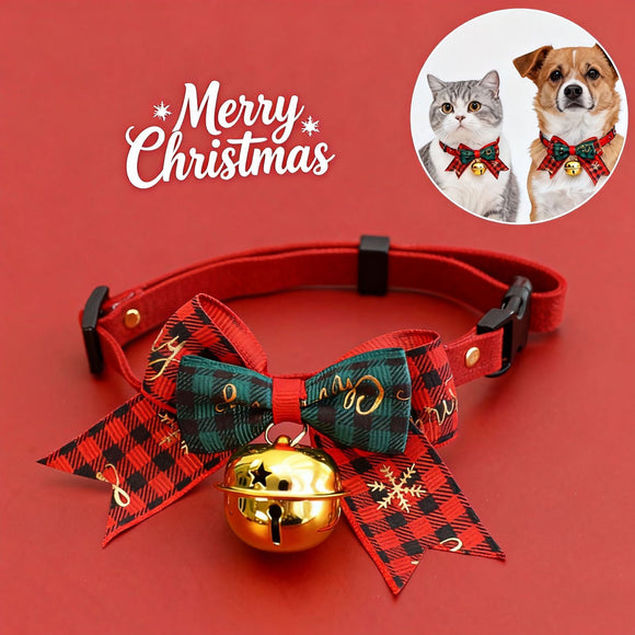 2 PCS Red Pet Christmas Bow Collar with Bell- 21-30 cm Adjustable Festive Bowtie Neck Collar for Cats and Dogs, Cute Holiday Party Decoration Accessory