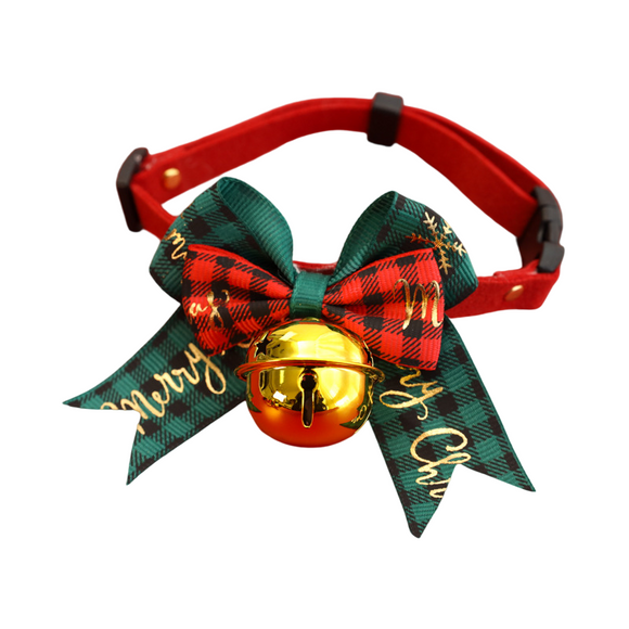 2 PCS Green Pet Christmas Bow Collar with Bell- 45-78 cm Adjustable Festive Bowtie Neck Collar for Cats and Dogs, Cute Holiday Party Decoration Accessory